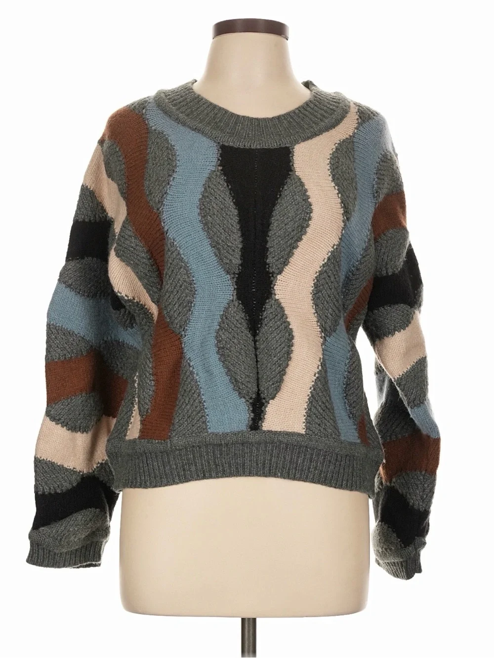 Deluc Gray Wave-Pattern Crewneck Sweater with Blue, Brown & Cream Accents